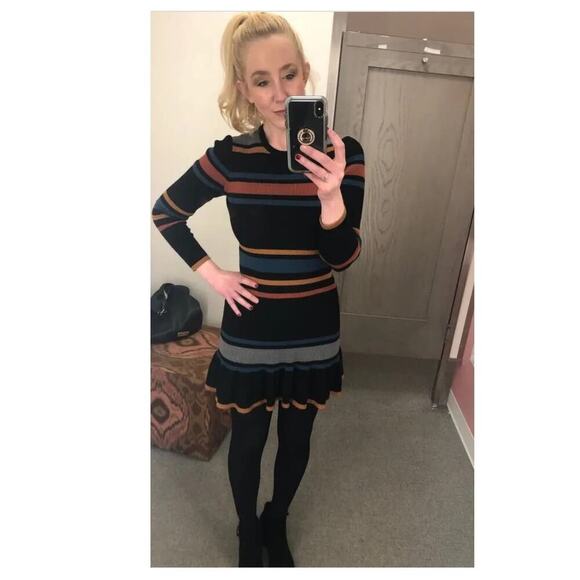 CUPCAKES AND CASHMERE Black Striped Knit Sweater Crew Neck Mini Dress Size M - Picture 5 of 12